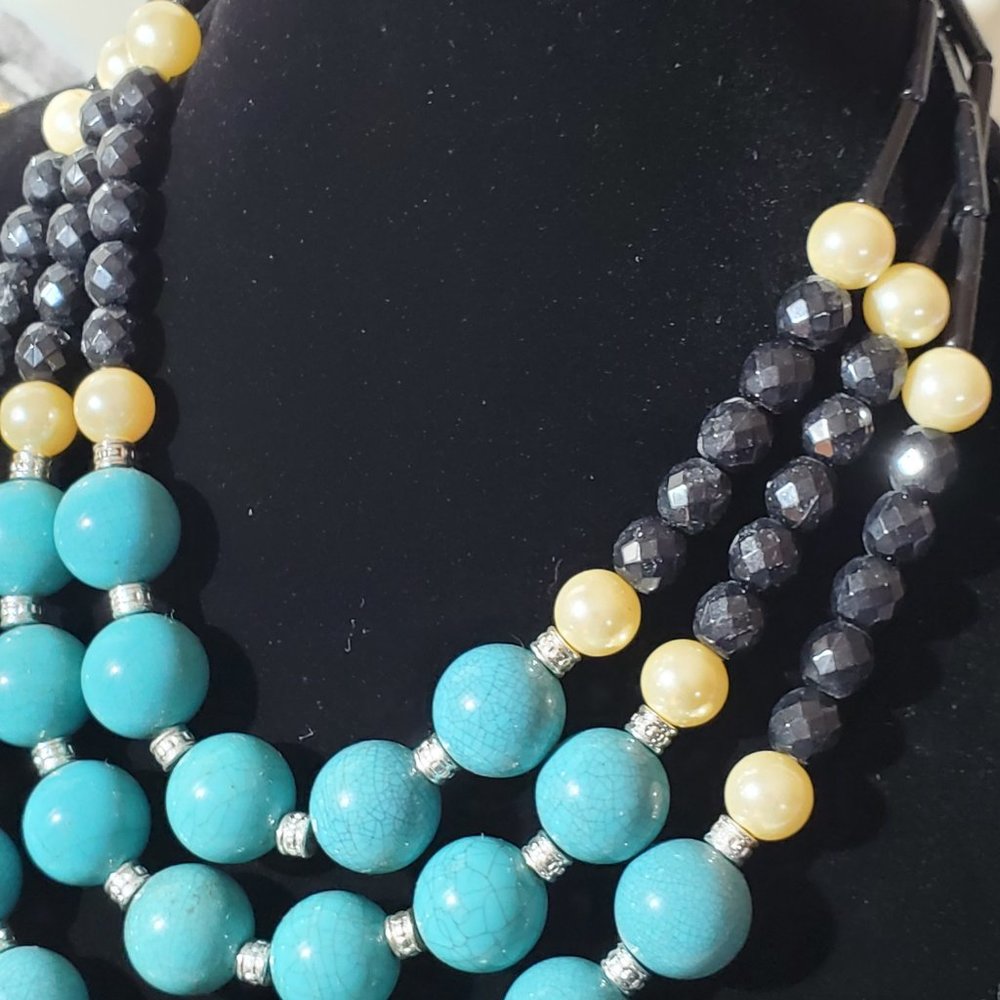Vintage Avon Turquoise Black Pearl Silver Bead ed 10" Drop Layered Necklace - Picture 2 of 5